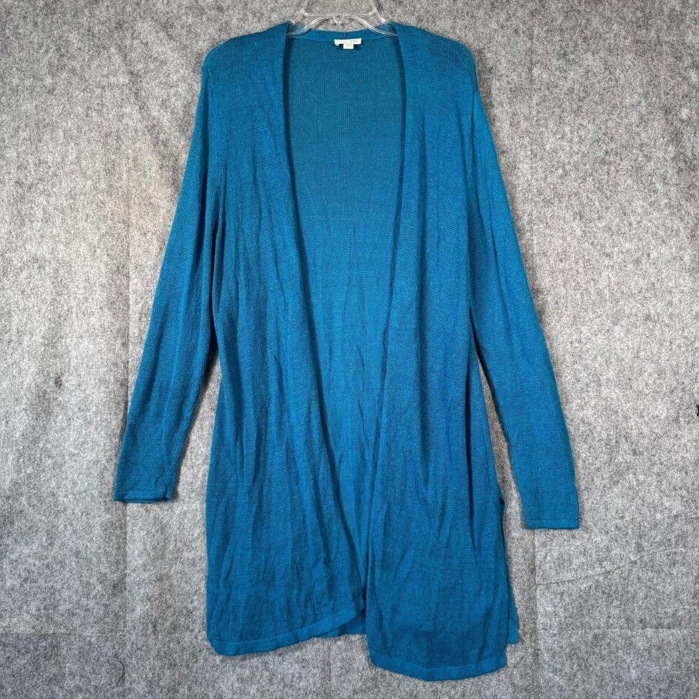 J Jill Linen Cardigan Sweater Womens Large Teal Blue Open Knit Duster Coastal